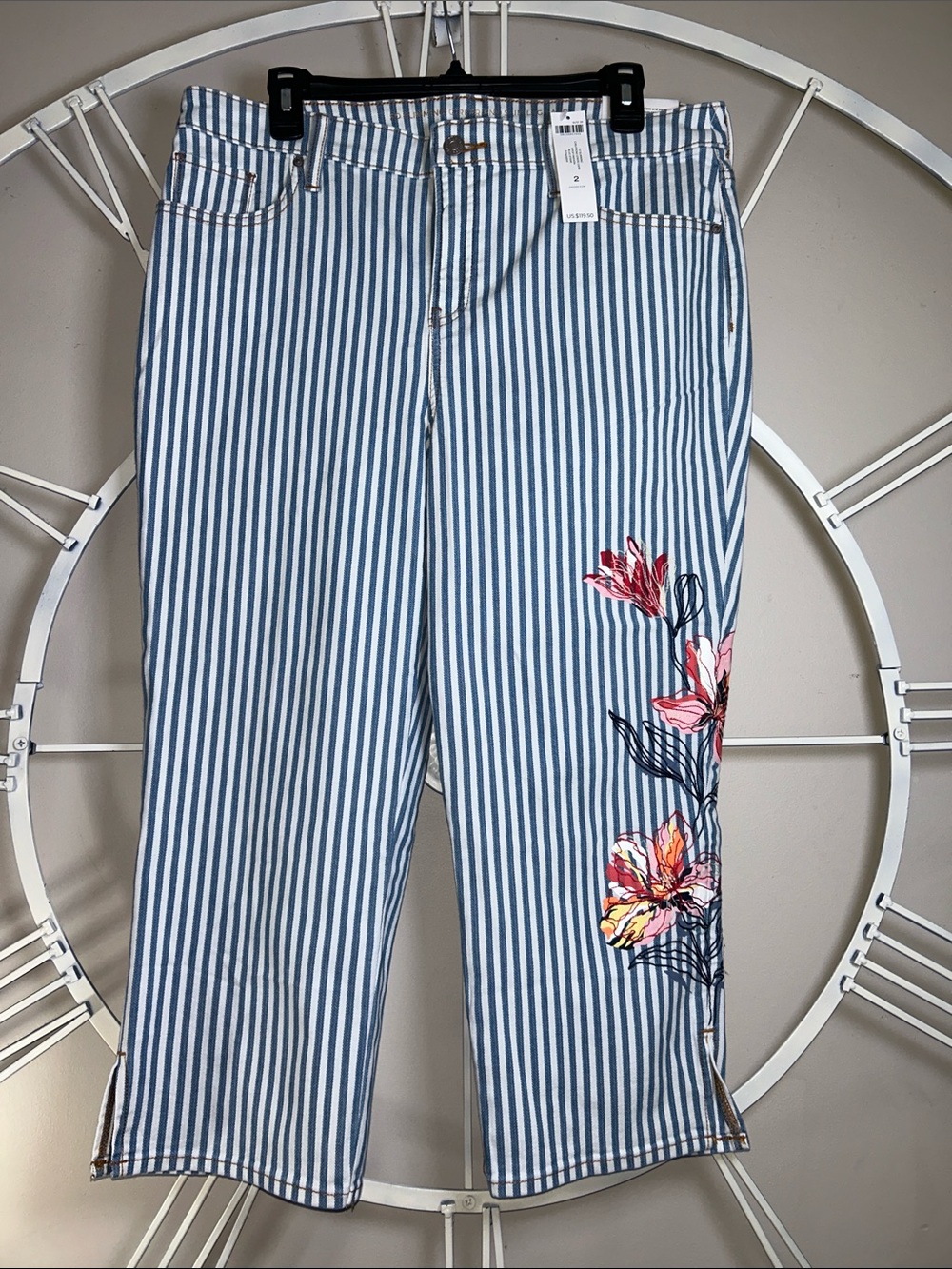 NWT Chico's Blue & White Striped Cropped Jeans with Floral Embroidery